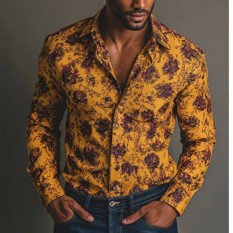 Men's Retro Casual Floral Print Lapel Long Sleeve Shirt MTA1340H1TO sold by Manly product image thumbnail 2