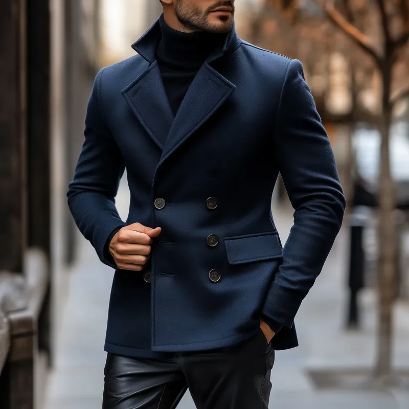 Men's Vintage Solid Color Wool Blend Notch Lapel Double-breasted Slim Fit Peacoat MTA1459H4M sold by Manly product image thumbnail 2