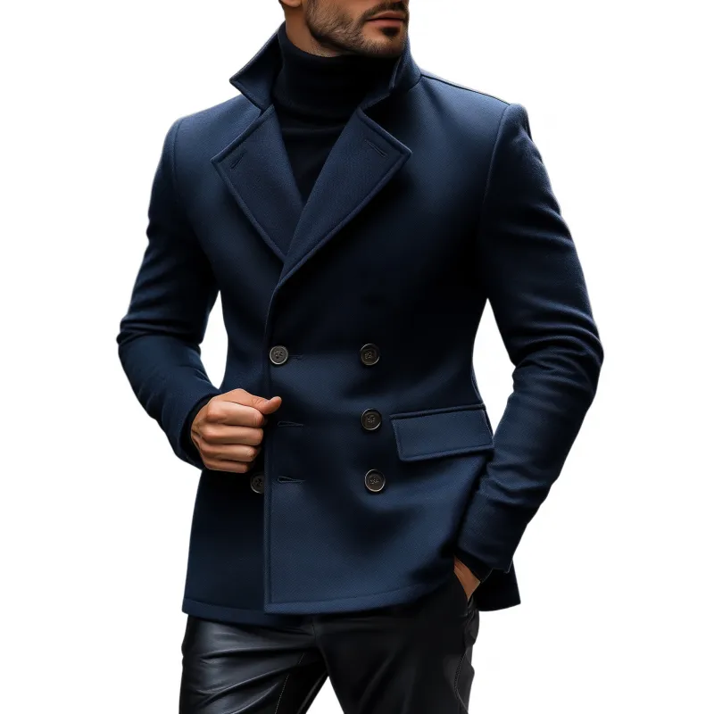 Men's Vintage Solid Color Wool Blend Notch Lapel Double-breasted Slim Fit Peacoat MTA1459H4M sold by Manly