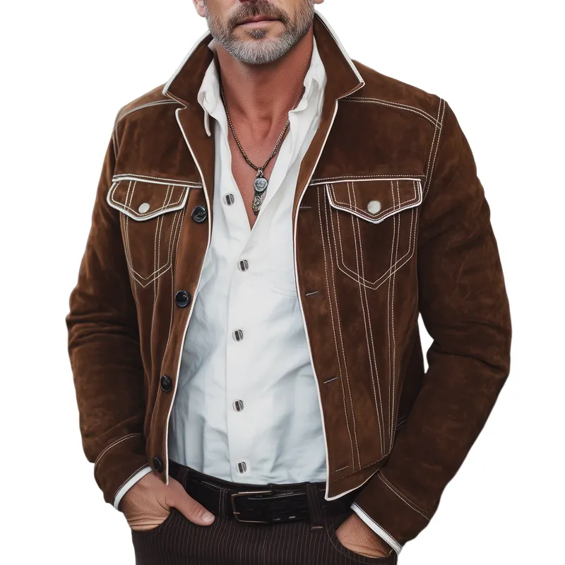 Men's Vintage Lapel Button White Trim Suede Jacket MTA1687H0U sold by Manly