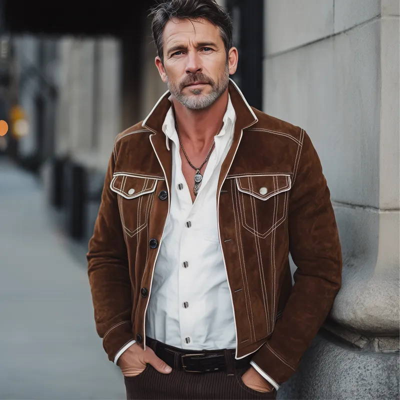 Men's Vintage Lapel Button White Trim Suede Jacket MTA1687H0U sold by Manly product image thumbnail 2