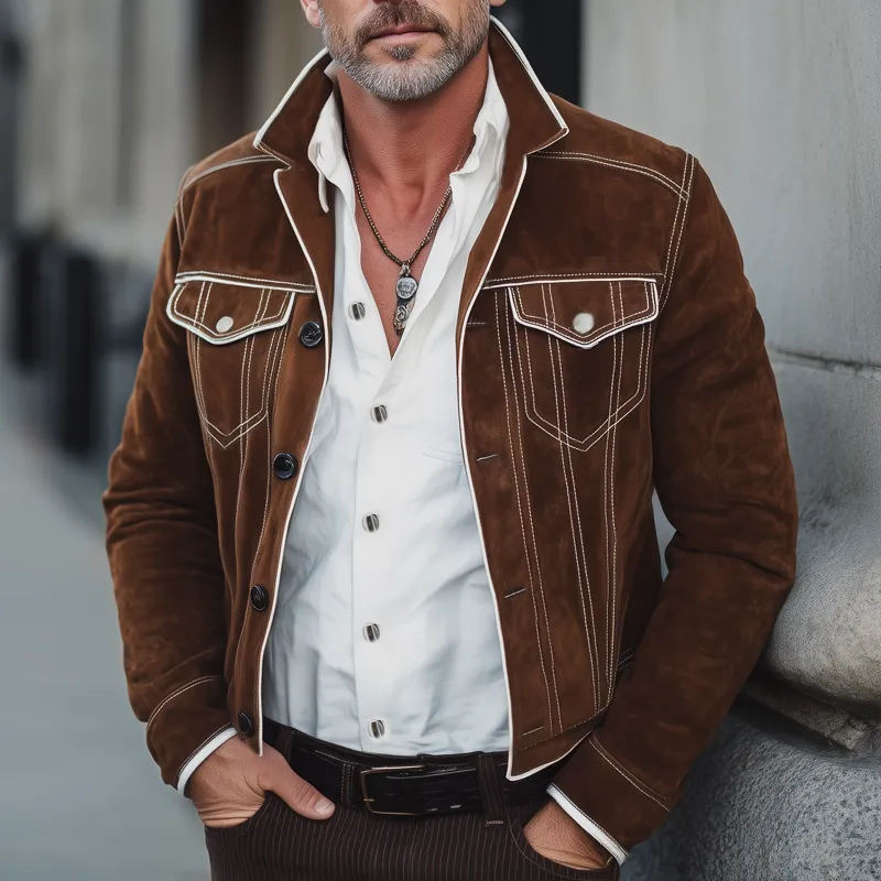 Men's Vintage Lapel Button White Trim Suede Jacket MTA1687H0U sold by Manly product image thumbnail 3