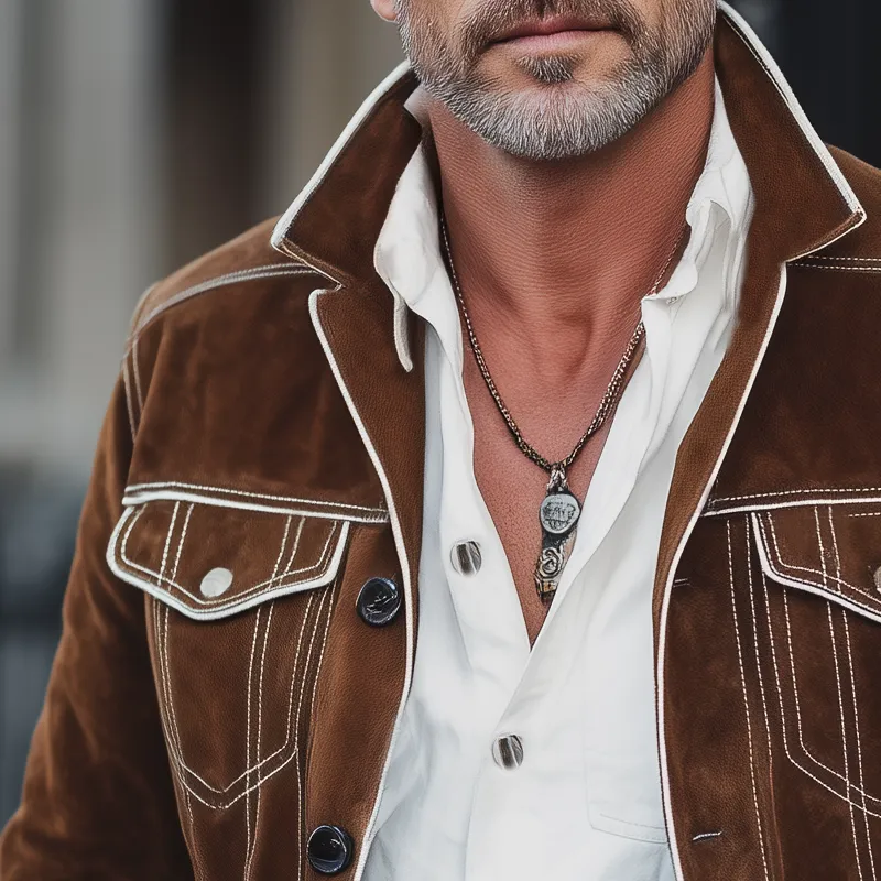 Men's Vintage Lapel Button White Trim Suede Jacket MTA1687H0U sold by Manly product image thumbnail 4