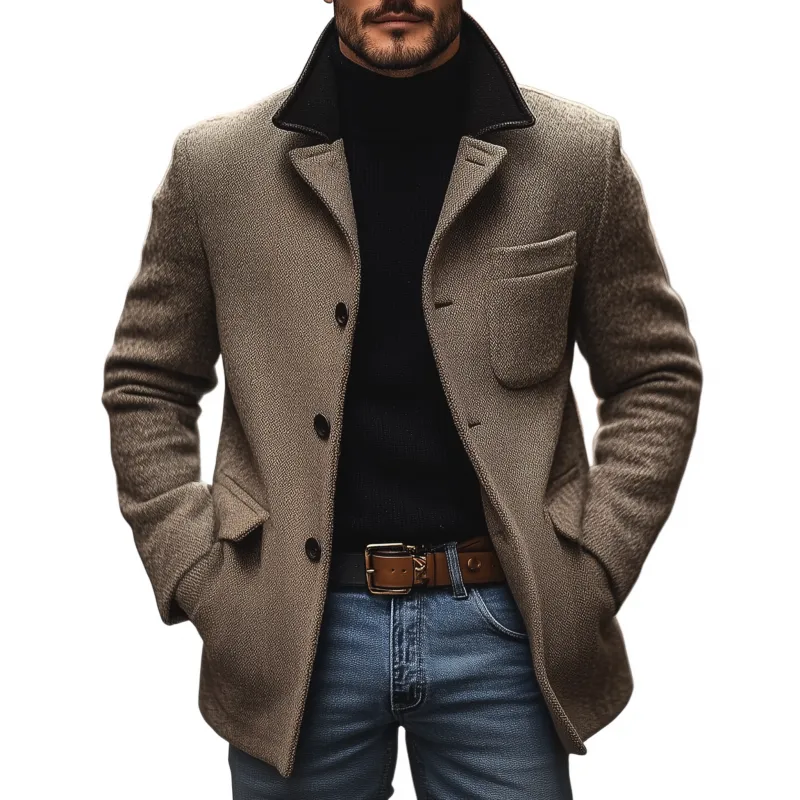 Men's Vintage Wool Blend Colorblock Patchwork Notch Lapel Single-breasted Loose Warm Coat MTA1458H4M sold by Manly