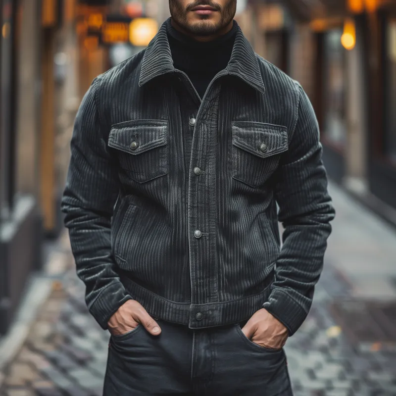 Men's Vintage Solid Color Corduroy Lapel Single-breasted Loose Warm Work Jacket MTA1478H6M sold by Manly product image thumbnail 2