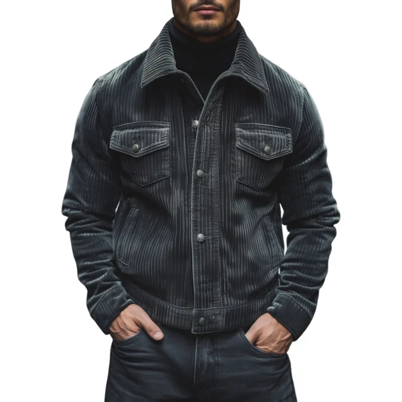 Men's Vintage Solid Color Corduroy Lapel Single-breasted Loose Warm Work Jacket MTA1478H6M sold by Manly