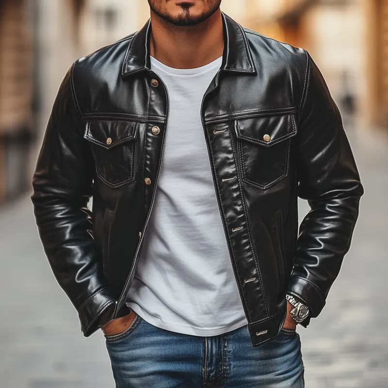 Men's Fashion Vintage Solid Color PU Lapel Single Breasted Slim Fit Motorcycle Jacket MTA1443H0M sold by Manly product image thumbnail 2