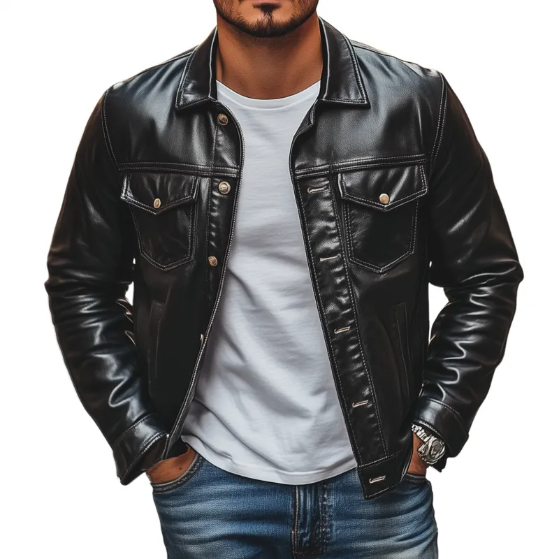 Men's Fashion Vintage Solid Color PU Lapel Single Breasted Slim Fit Motorcycle Jacket MTA1443H0M sold by Manly