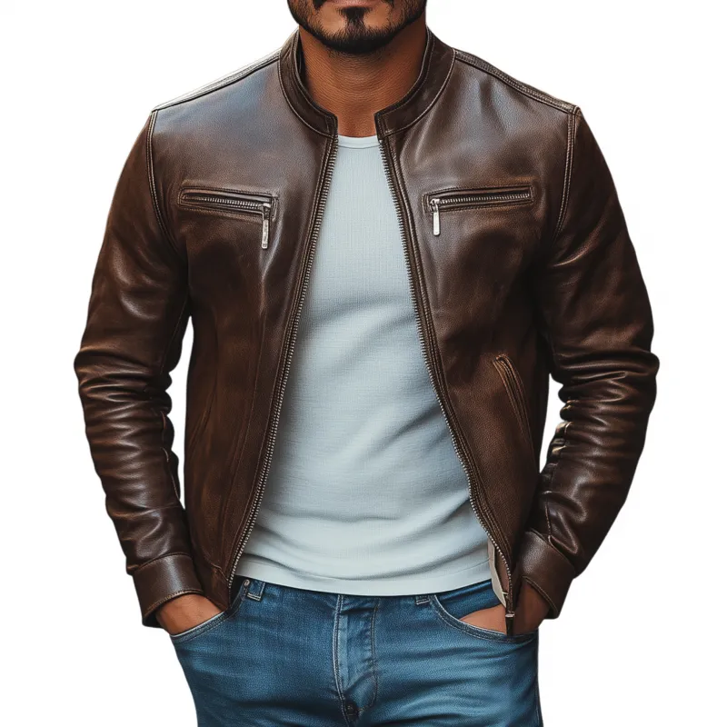 Men's Vintage Western PU Stand Collar Zipper Placket Slim Fit Motorcycle Jacket MTA1445H9M sold by Manly