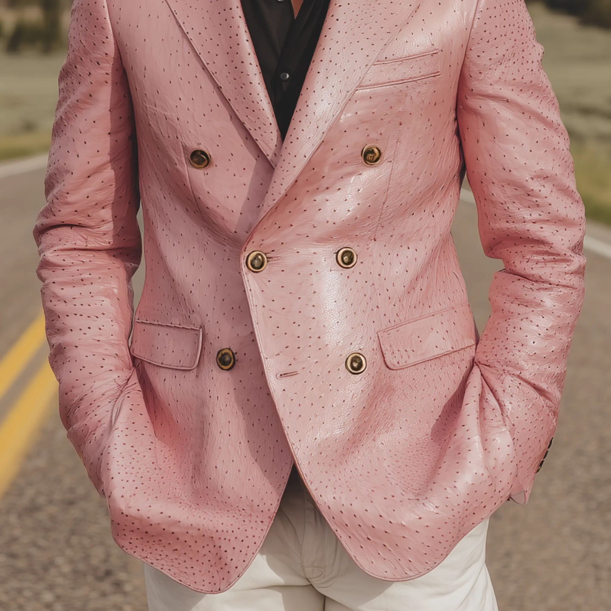 Men's Classic American Retro Pink Textured PU Leather Slim Double-breasted Blazer MTA1673H5K sold by Manly product image thumbnail 5