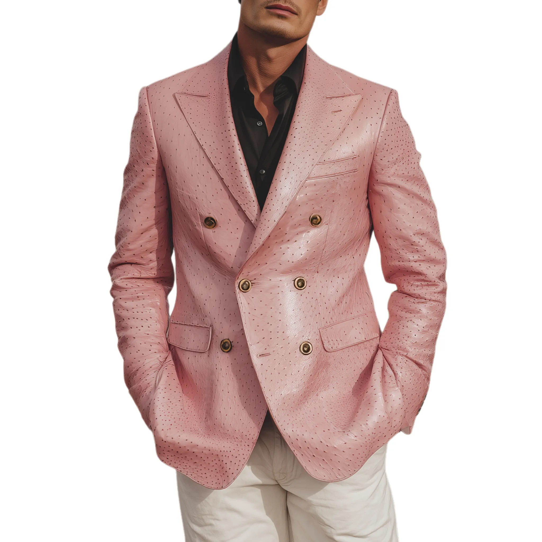 Men's Classic American Retro Pink Textured PU Leather Slim Double-breasted Blazer MTA1673H5K sold by Manly