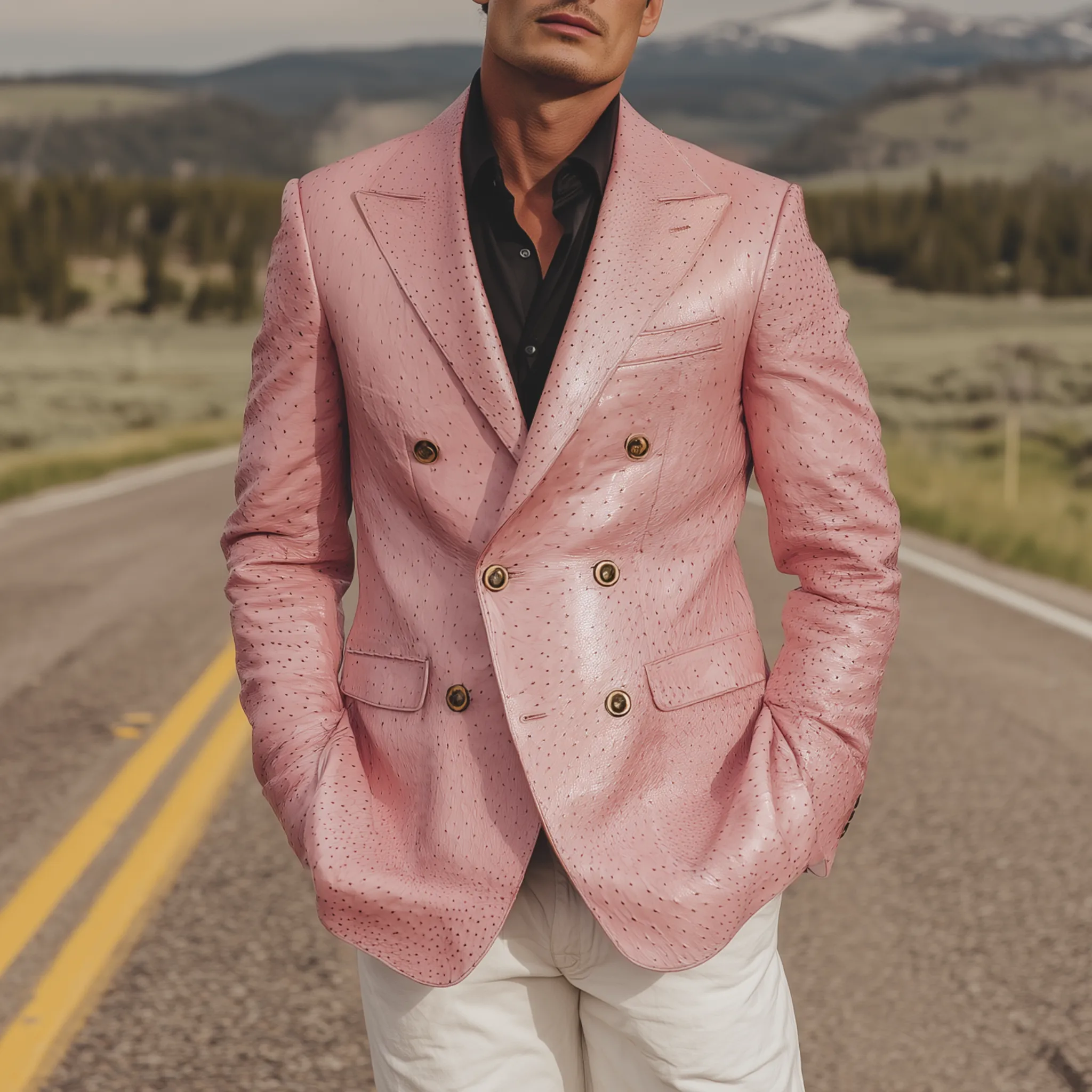 Men's Classic American Retro Pink Textured PU Leather Slim Double-breasted Blazer MTA1673H5K sold by Manly product image thumbnail 2