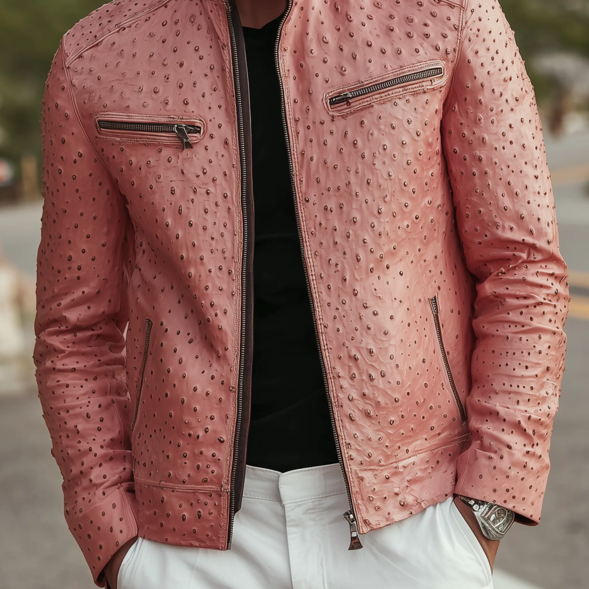 Men's Classic Retro Stand Collar Textured Pink PU Leather Slim Zipper Jacket MTA1646H9K sold by Manly product image thumbnail 4
