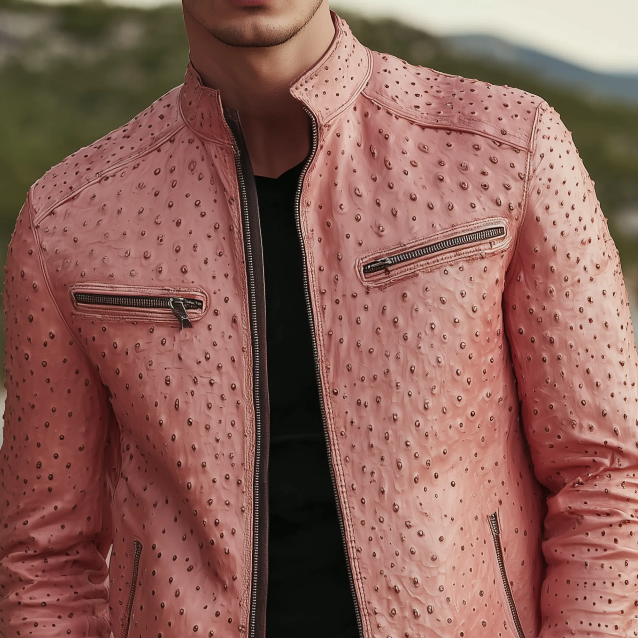 Men's Classic Retro Stand Collar Textured Pink PU Leather Slim Zipper Jacket MTA1646H9K sold by Manly product image thumbnail 3