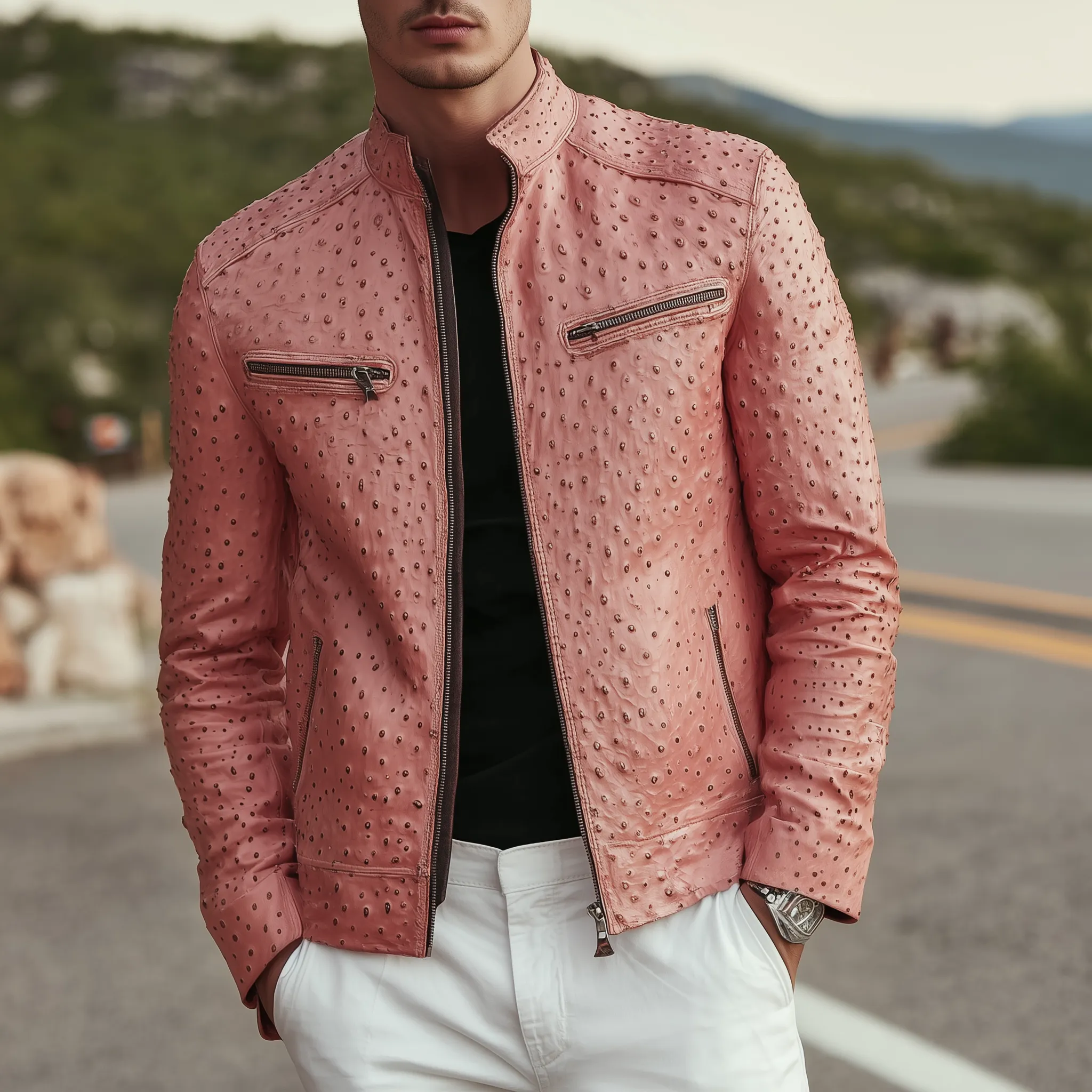 Men's Classic Retro Stand Collar Textured Pink PU Leather Slim Zipper Jacket MTA1646H9K sold by Manly product image thumbnail 2