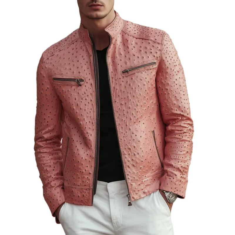 Men's Classic Retro Stand Collar Textured Pink PU Leather Slim Zipper Jacket MTA1646H9K sold by Manly