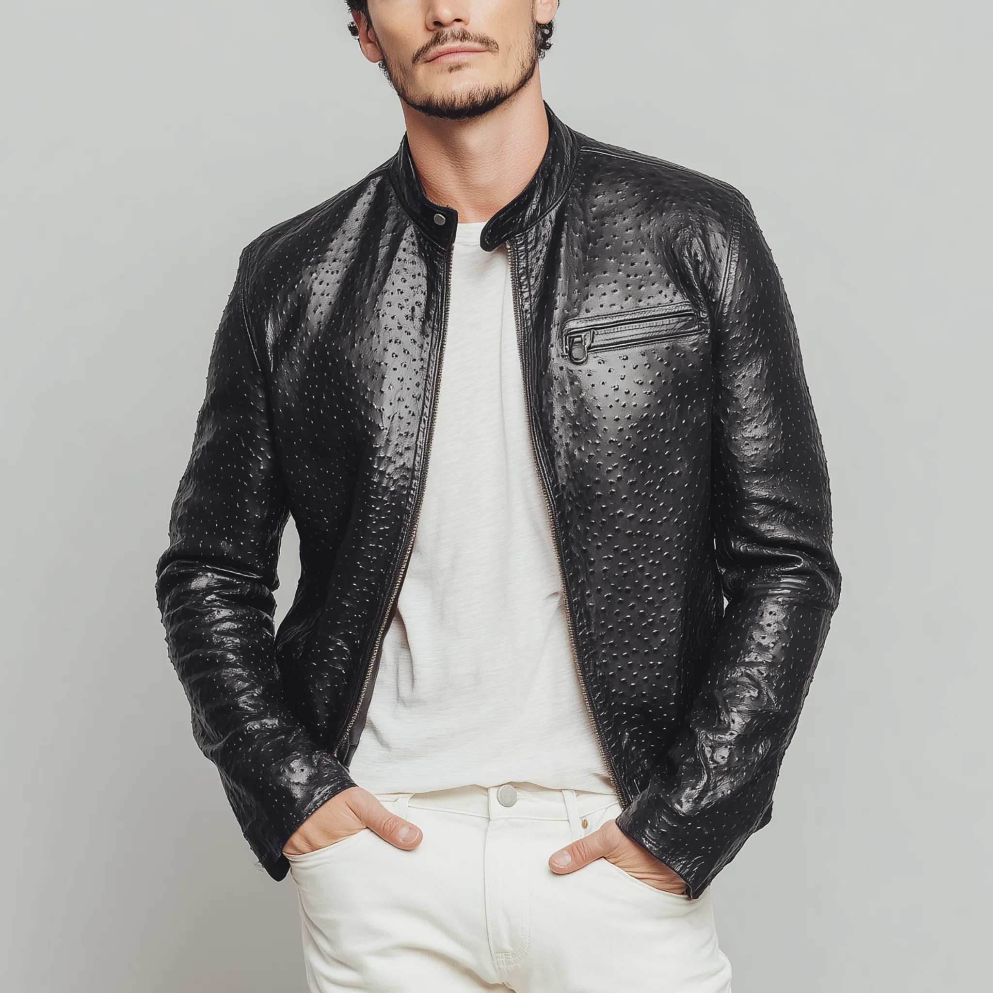 Men's Classic American Retro Stand Collar Textured PU Leather Slim Zipper Jacket MTA1647H3K sold by Manly product image thumbnail 2