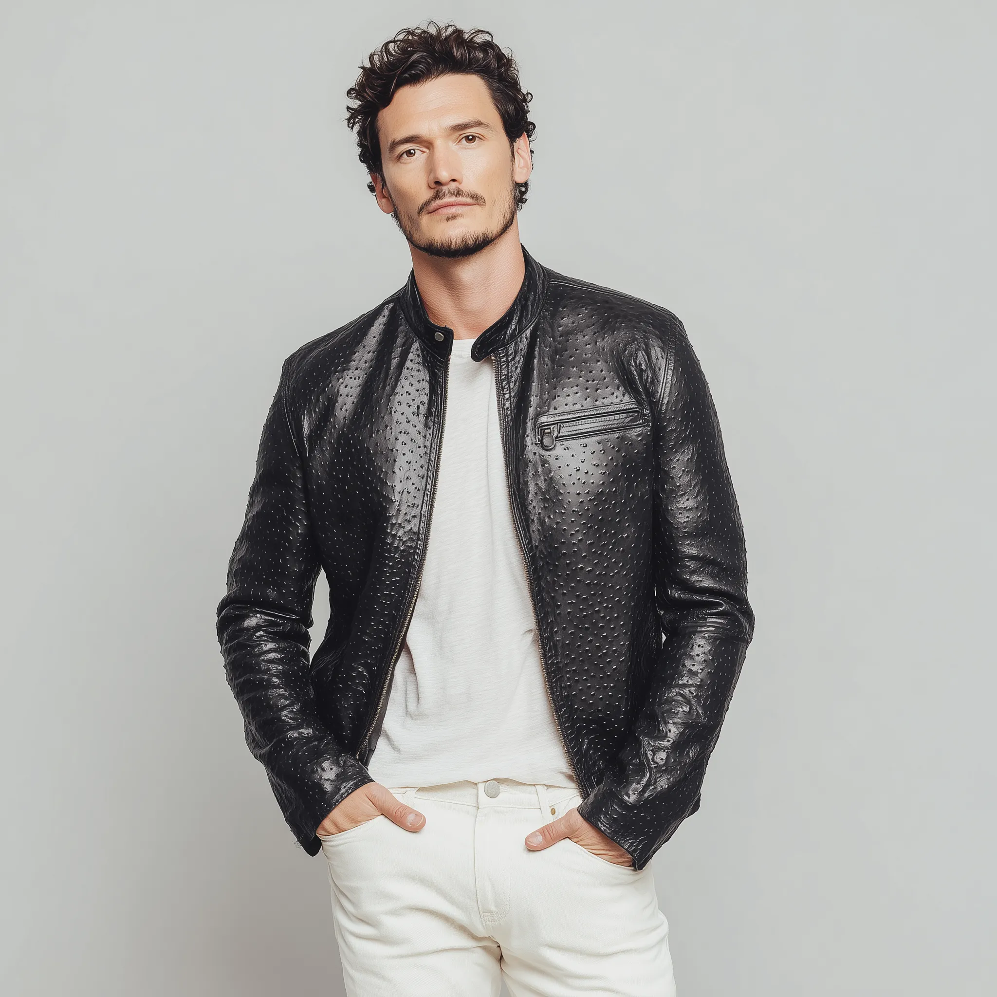 Men's Classic American Retro Stand Collar Textured PU Leather Slim Zipper Jacket MTA1647H3K sold by Manly product image thumbnail 3