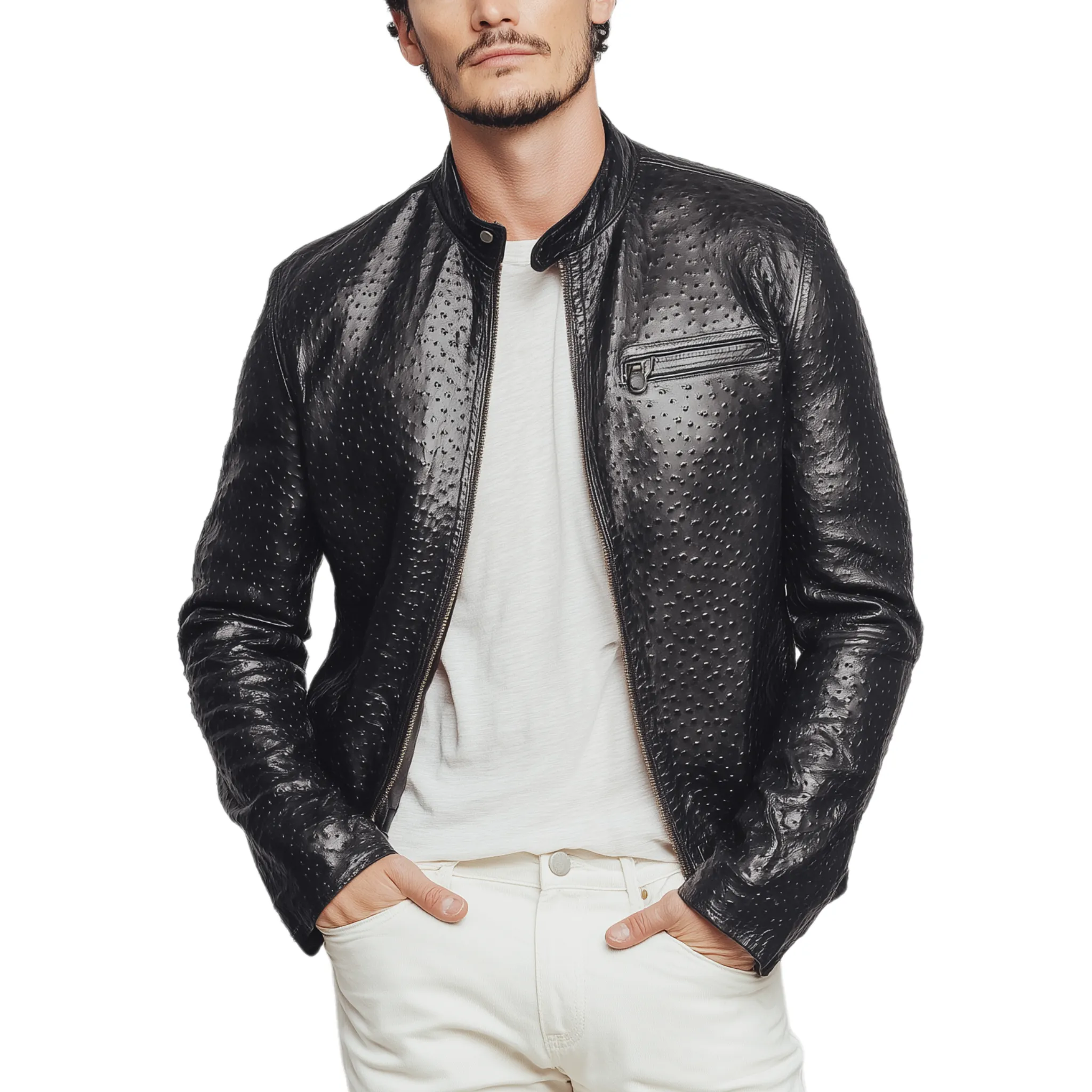 Men's Classic American Retro Stand Collar Textured PU Leather Slim Zipper Jacket MTA1647H3K sold by Manly