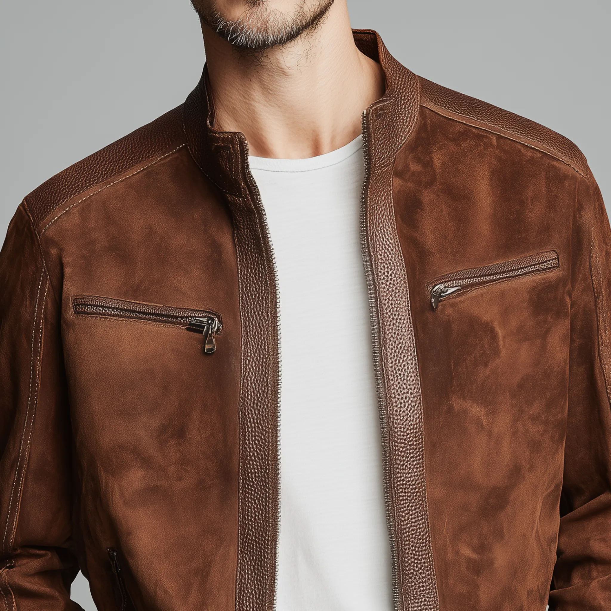 Men's Classic Retro Stand Collar Textured PU Leather Splicing Suede Slim Zipper Jacket MTA1653H6K sold by Manly product image thumbnail 3