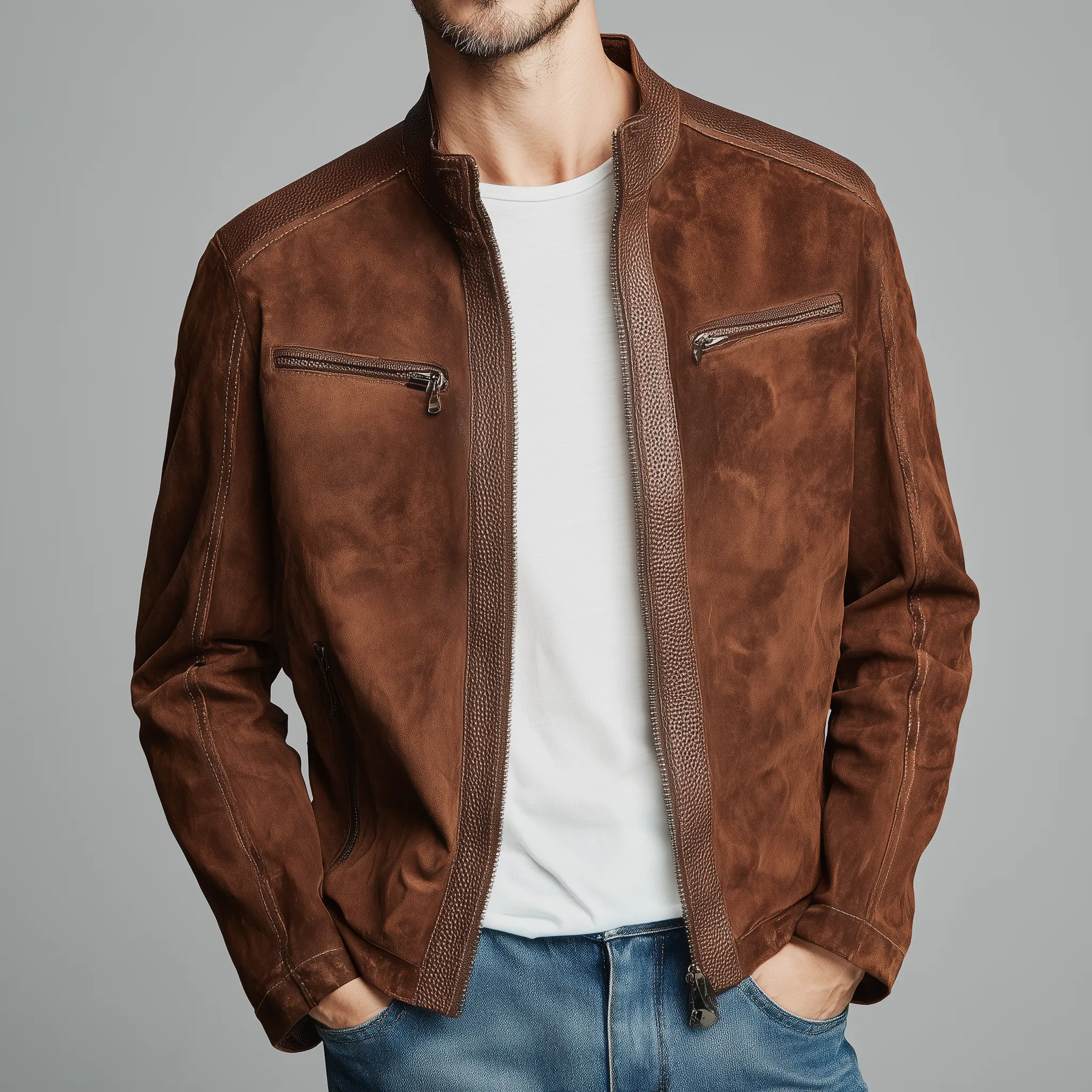 Men's Classic Retro Stand Collar Textured PU Leather Splicing Suede Slim Zipper Jacket MTA1653H6K sold by Manly product image thumbnail 2