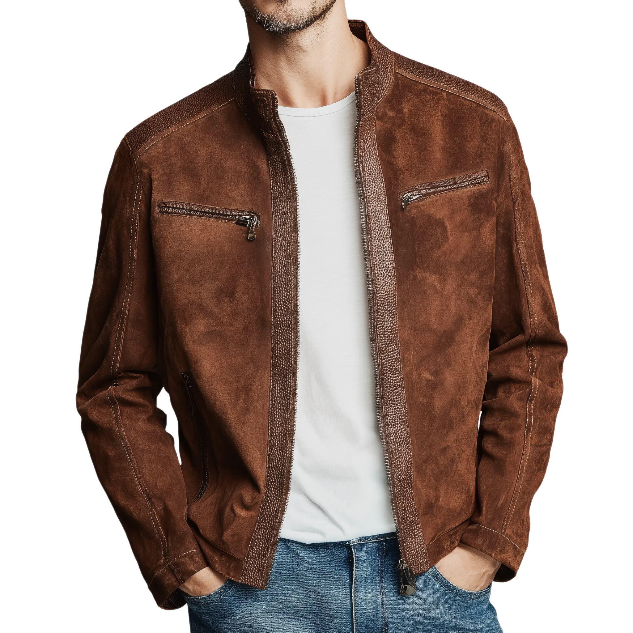 Men's Classic Retro Stand Collar Textured PU Leather Splicing Suede Slim Zipper Jacket MTA1653H6K sold by Manly