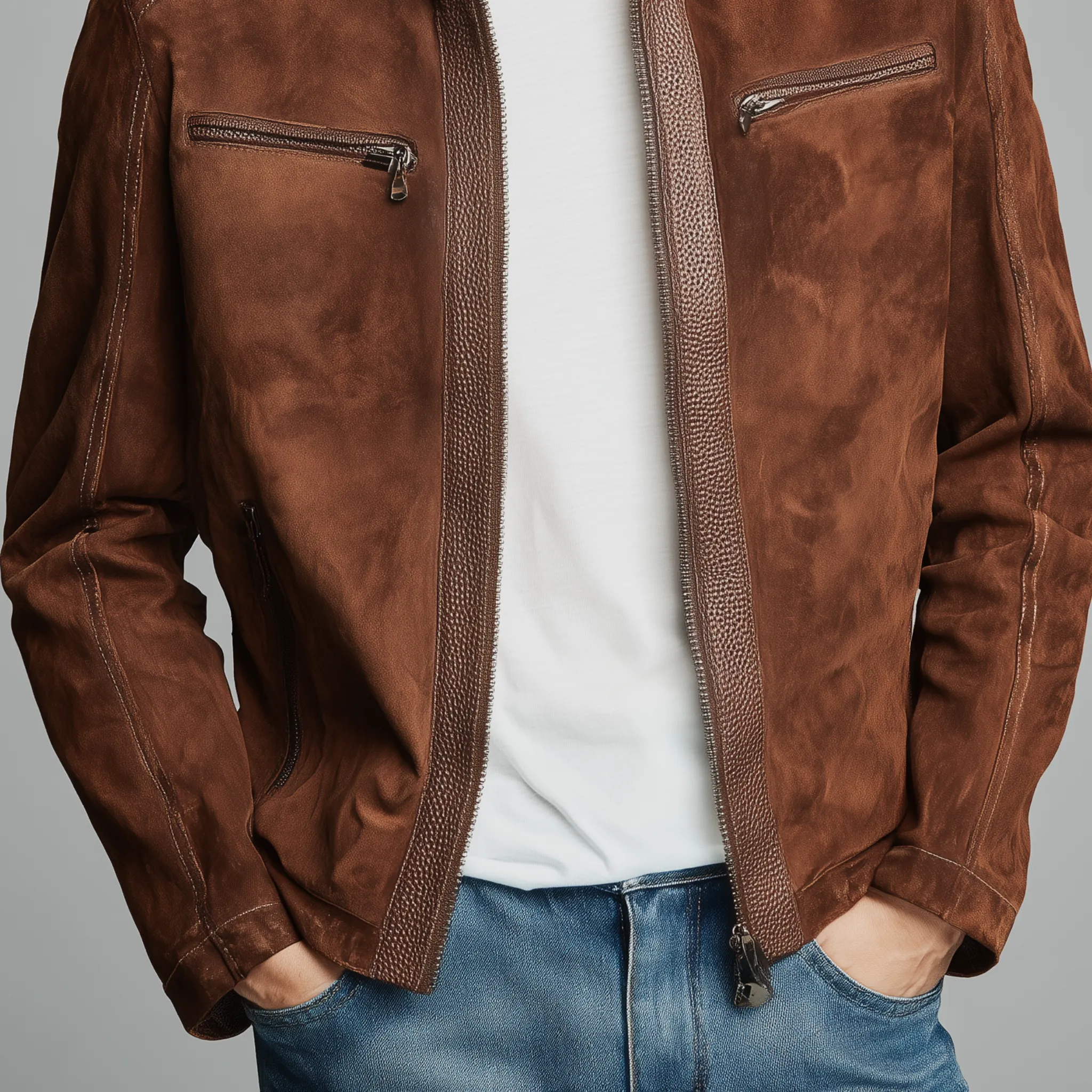 Men's Classic Retro Stand Collar Textured PU Leather Splicing Suede Slim Zipper Jacket MTA1653H6K sold by Manly product image thumbnail 4