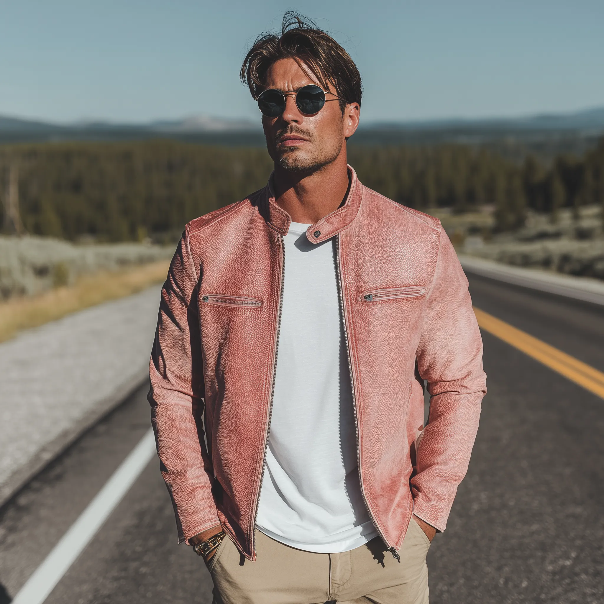 Men's Classic Casual Western Style Stand Collar Pink Textured PU Leather Zipper Jacket MTA1519H2K sold by Manly product image thumbnail 3