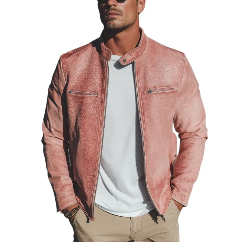 Men's Classic Casual Western Style Stand Collar Pink Textured PU Leather Zipper Jacket MTA1519H2K sold by Manly