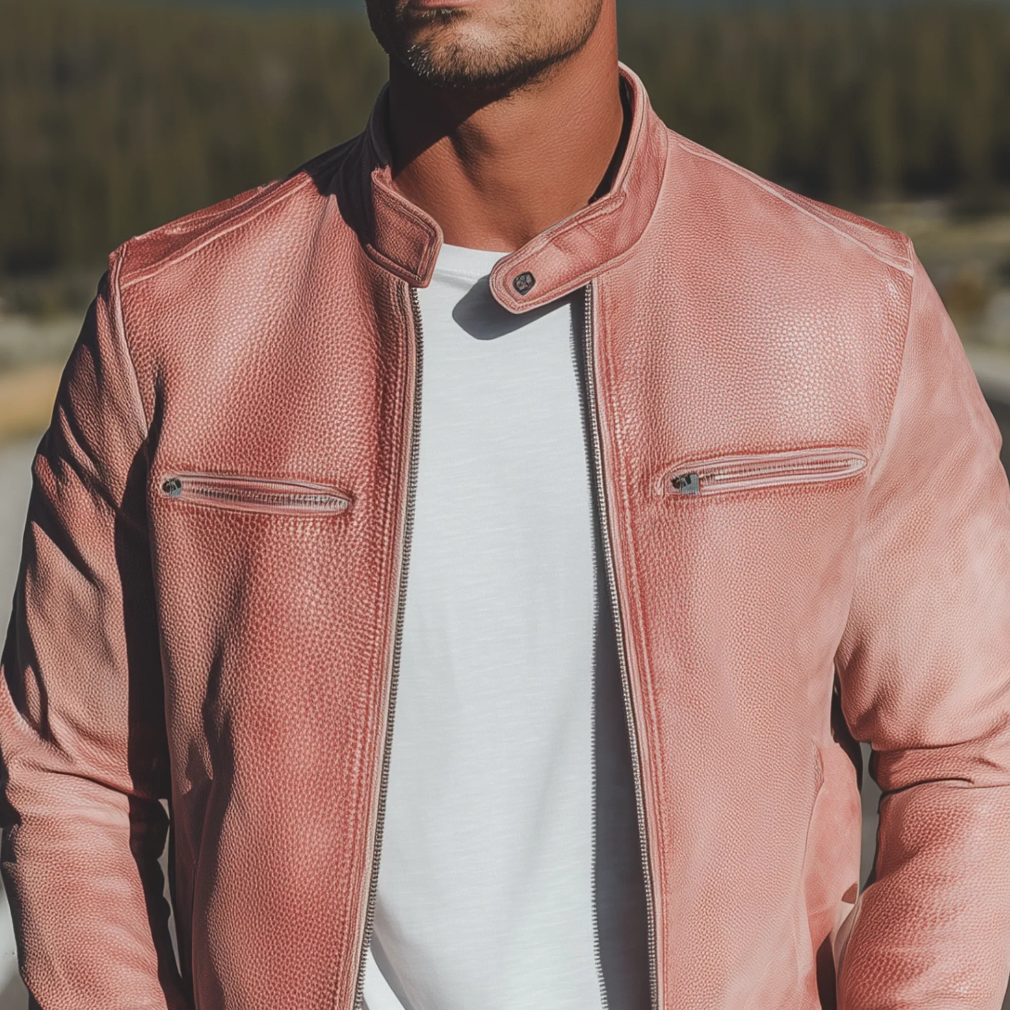 Men's Classic Casual Western Style Stand Collar Pink Textured PU Leather Zipper Jacket MTA1519H2K sold by Manly product image thumbnail 4