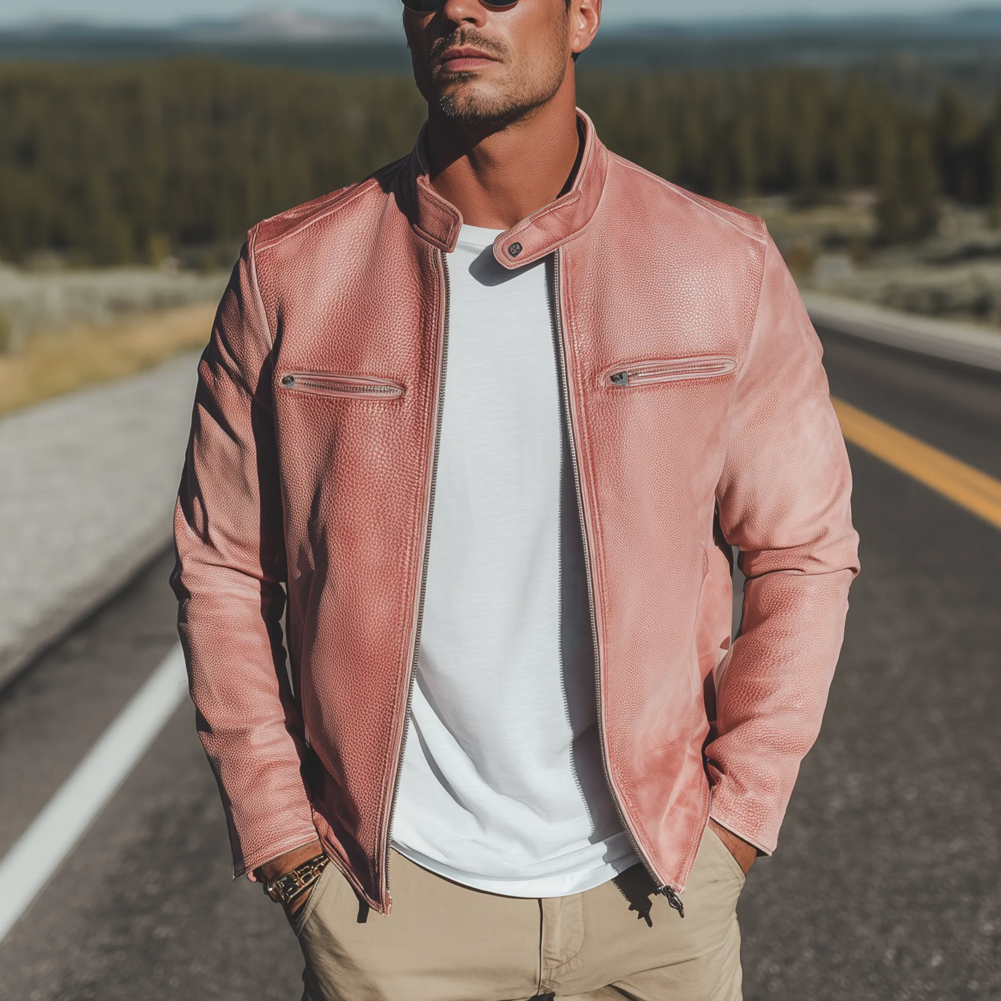 Men's Classic Casual Western Style Stand Collar Pink Textured PU Leather Zipper Jacket MTA1519H2K sold by Manly product image thumbnail 2