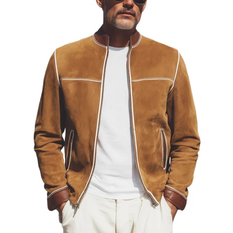 Men's Classic Casual Western Style Stand-up Collar And Cuffs PU Leather Zipper Suede Jacket MTA1566H1K sold by Manly