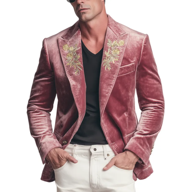 Men's Classic Formal Party Pink Velvet Embroidered Slim Fit Single-breasted Blazer MTA1544H4K sold by Manly
