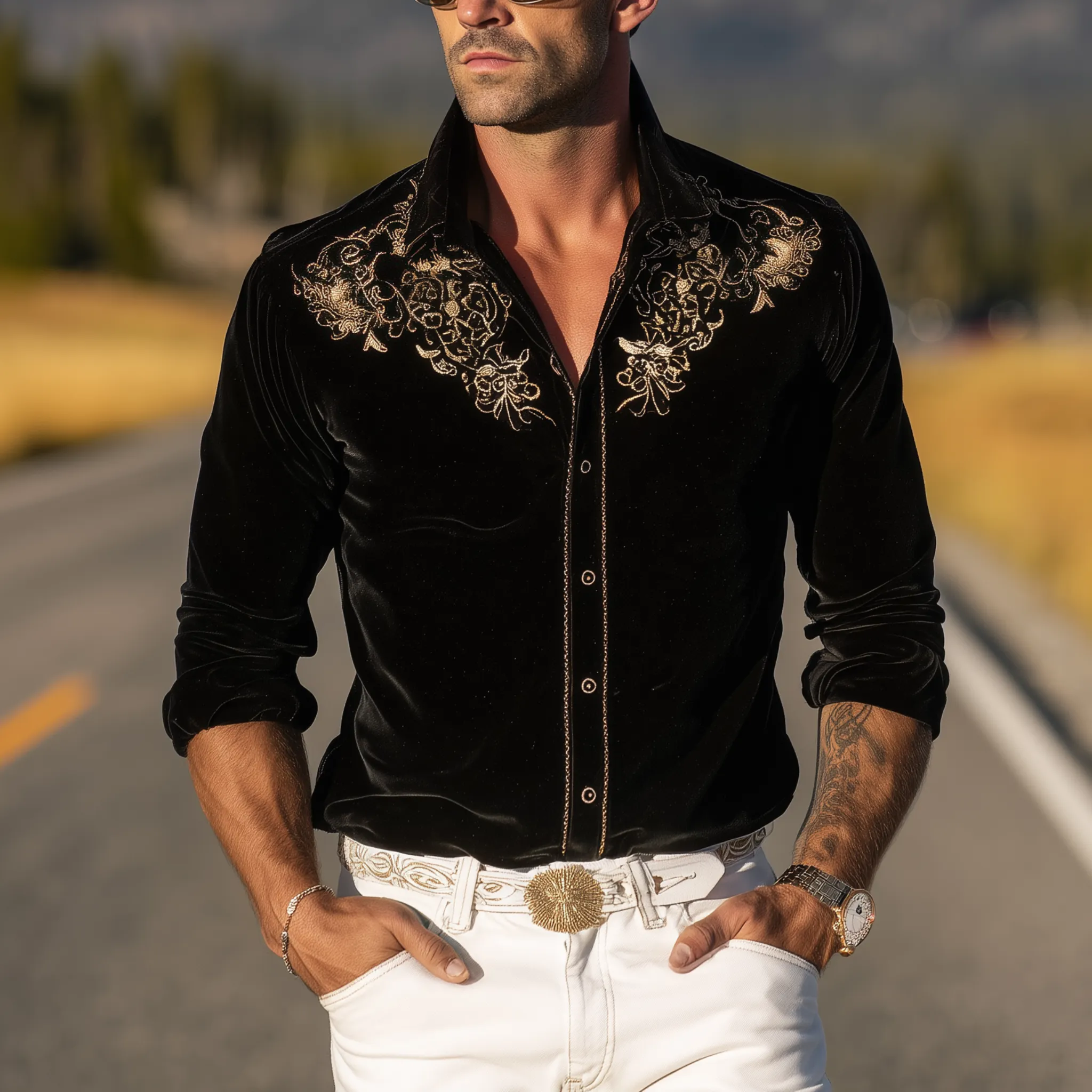 Men's Classic Retro Western Style Velvet Embroidered Slim-fit Long-sleeved Shirt MTA1525H4K sold by Manly product image thumbnail 2