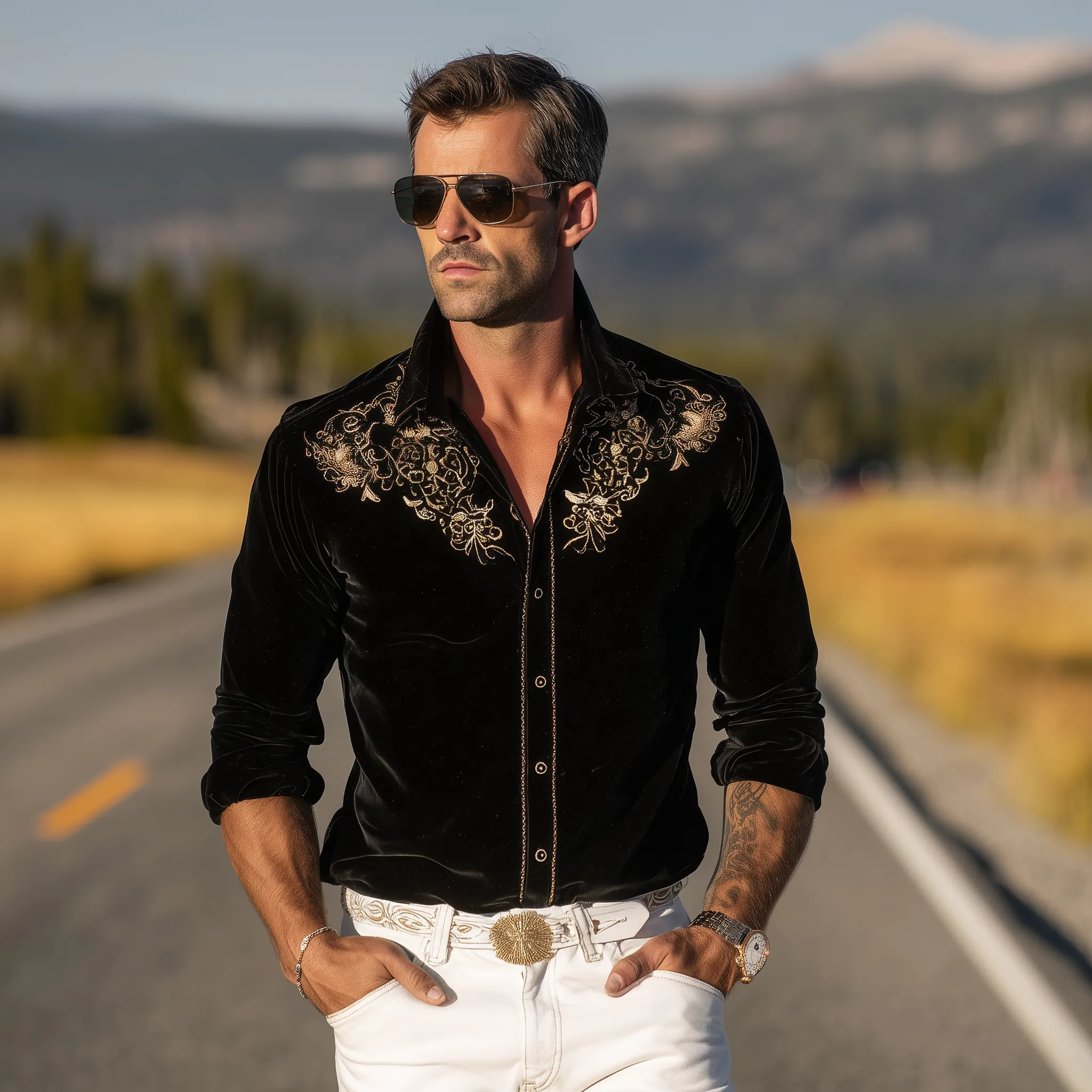 Men's Classic Retro Western Style Velvet Embroidered Slim-fit Long-sleeved Shirt MTA1525H4K sold by Manly product image thumbnail 3