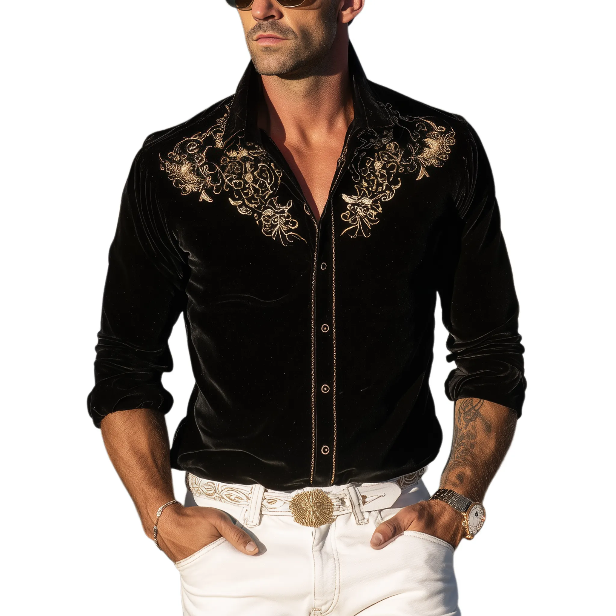 Men's Classic Retro Western Style Velvet Embroidered Slim-fit Long-sleeved Shirt MTA1525H4K sold by Manly