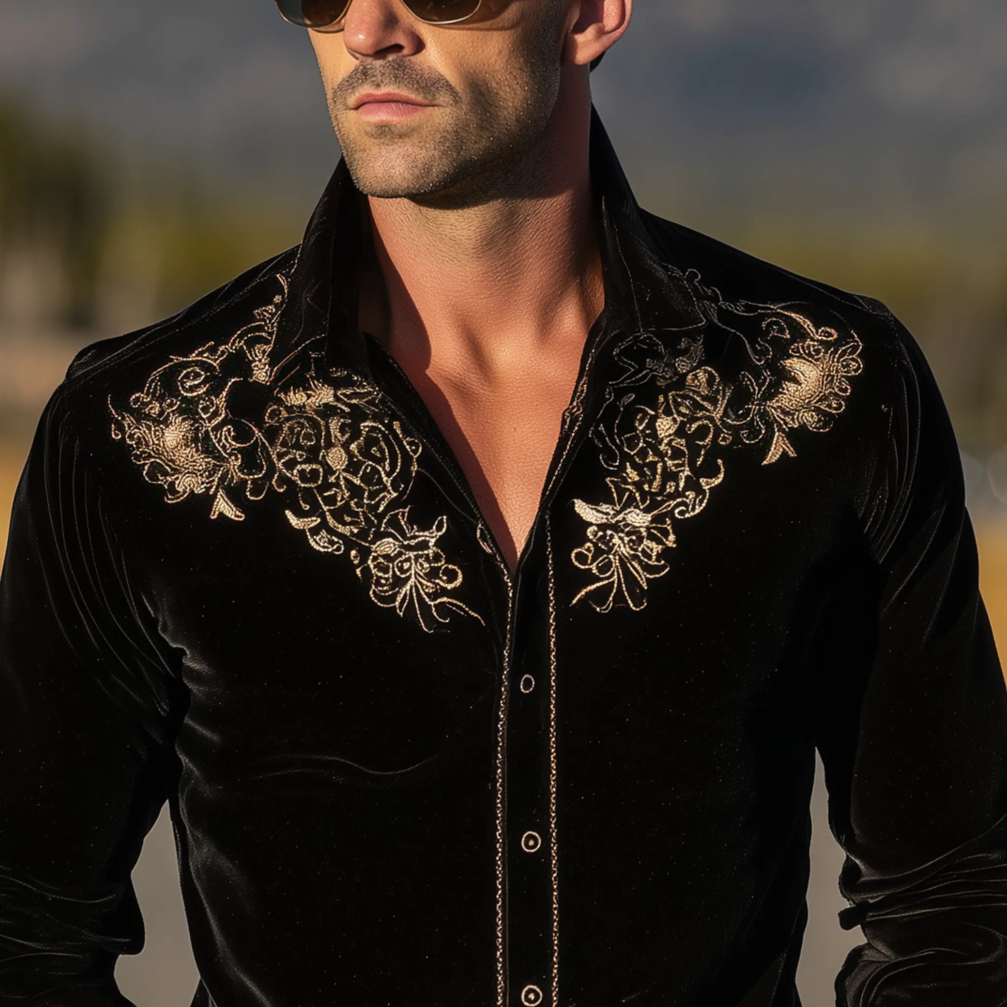 Men's Classic Retro Western Style Velvet Embroidered Slim-fit Long-sleeved Shirt MTA1525H4K sold by Manly product image thumbnail 4