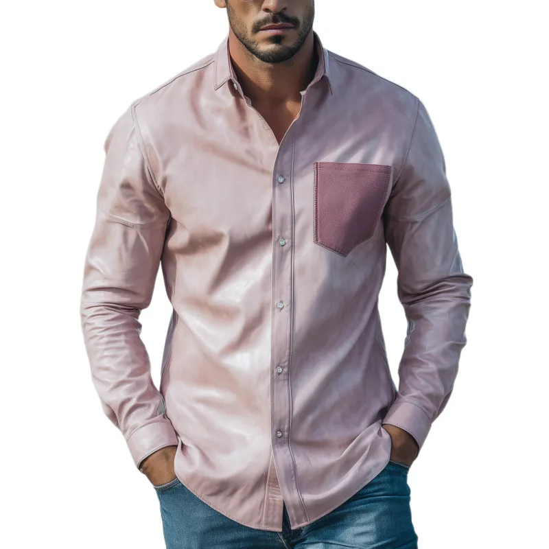 Men's Classic Casual Pocket Suede Slim Fit Pink Pu Leather Long Sleeve Shirt MTA1546H7K sold by Manly