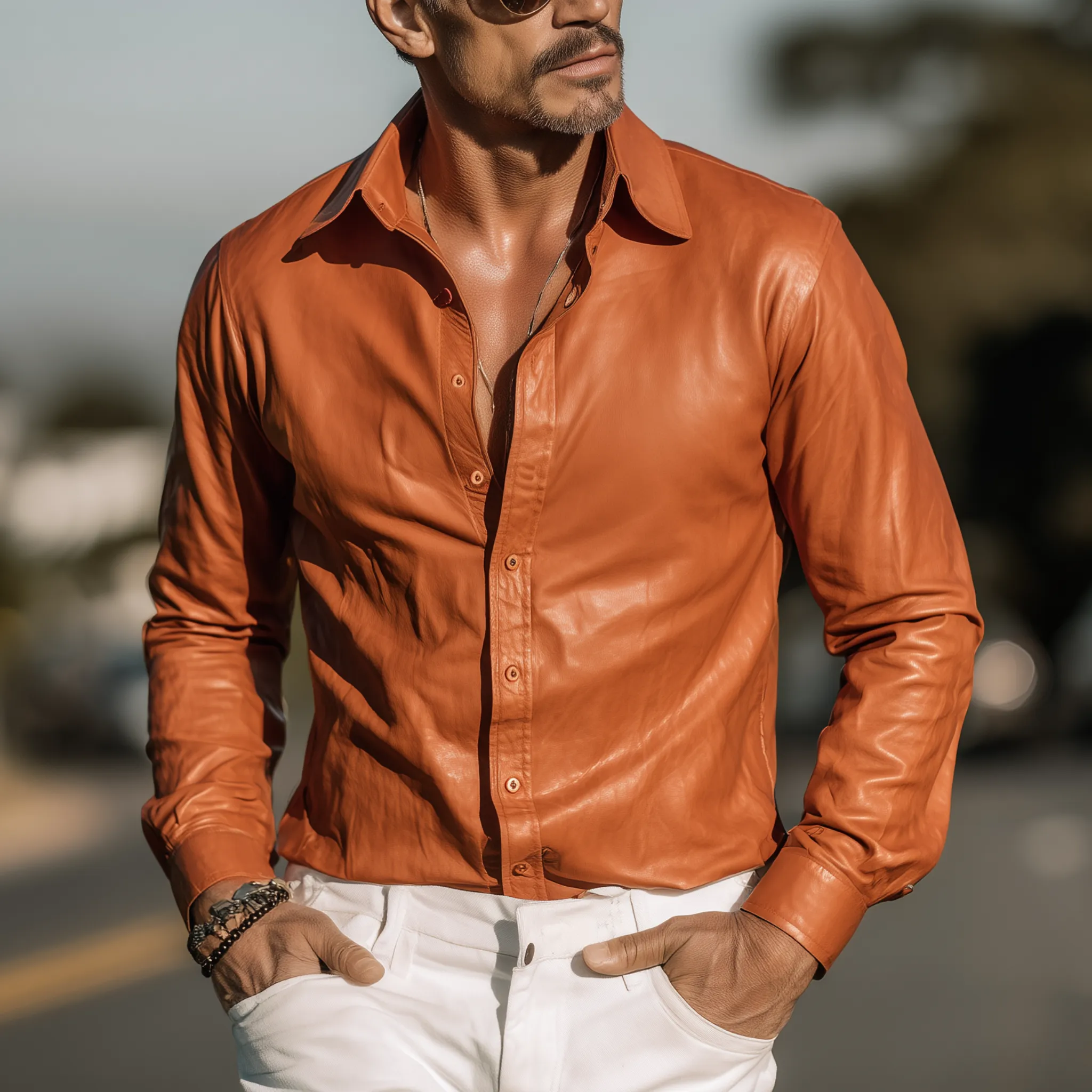 Men's Classic Casual Solid Color PU Leather Slim Long Sleeve Shirt MTA1502H7K sold by Manly product image thumbnail 2