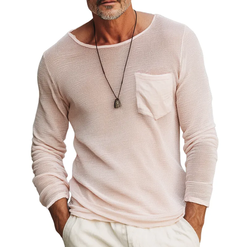 Men's Casual Solid Color Round Neck Textured Long-sleeved T-shirt MTA1524H6U sold by Manly