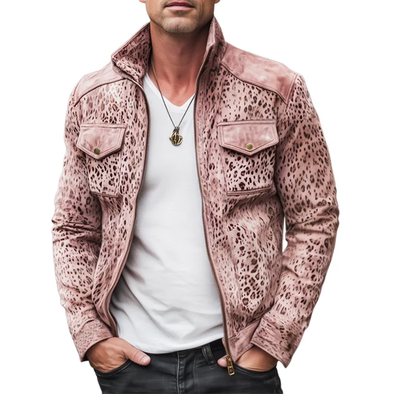 Men's Fashion Leopard Suede Stand Collar Zipper Jacket MTA1537H9U sold by Manly
