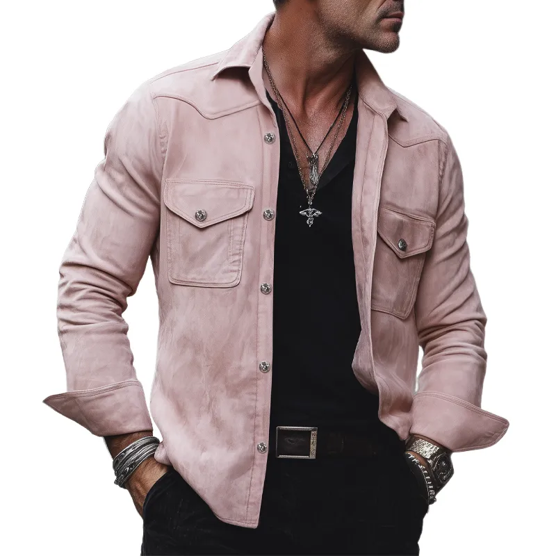 Men's Classic Suede Lapel Button-Down Long Sleeve Shirt MTA1524H2U sold by Manly