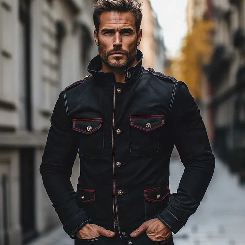 Men's Cotton Blend Contrast Color Stand Collar Multi-pocket Slim Fit Jacket MTA1836H5X sold by Manly product image thumbnail 4