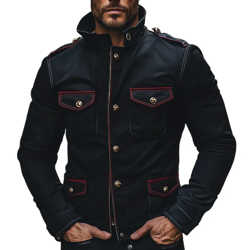 Men's Cotton Blend Contrast Color Stand Collar Multi-pocket Slim Fit Jacket MTA1836H5X sold by Manly