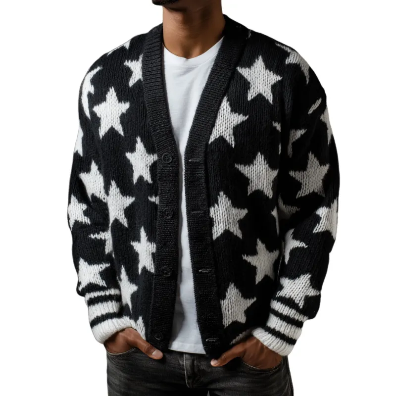Men's Retro Casual Star Colorblock Knit Cardigan MTA1314H1TO sold by Manly