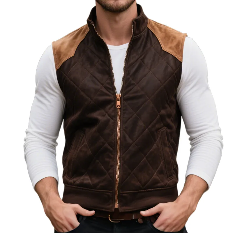 Men's Retro Casual Western Style Diamond Check Stand Collar Zipper Vest MTA1439H8TO sold by Manly
