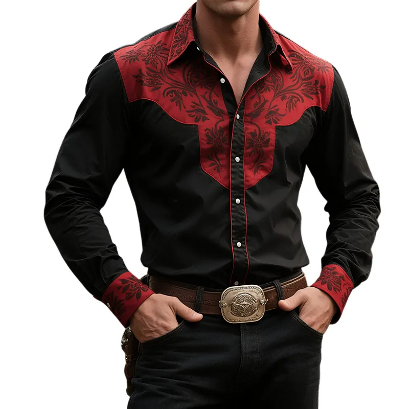 Men's Retro Casual Western Style Floral Print Lapel Long Sleeve Shirt MTA1400H1TO sold by Manly