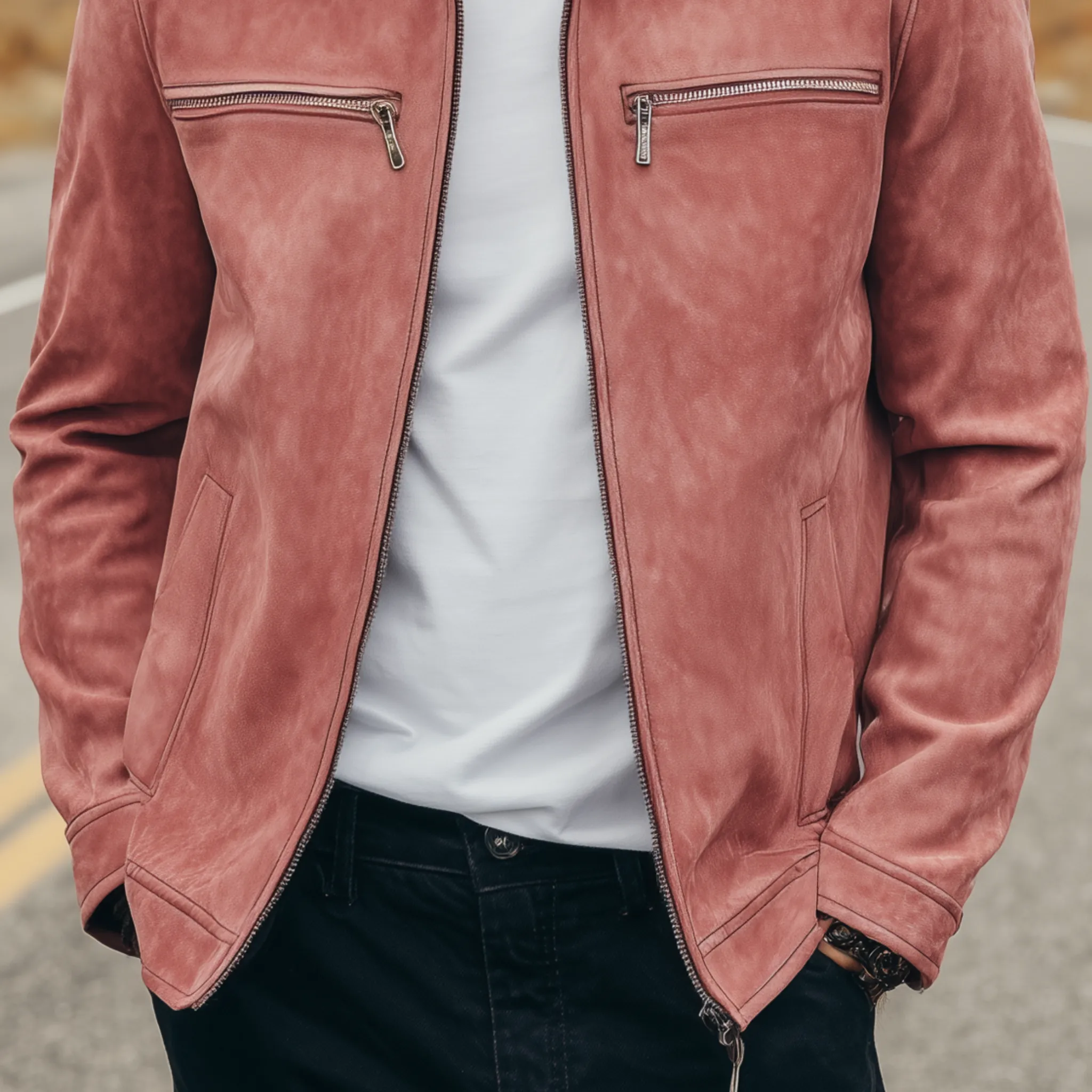 Men's Classic American Casual PU Leather Lapel Pink Suede Zipper Jacket MTA1870H9K sold by Manly product image thumbnail 5