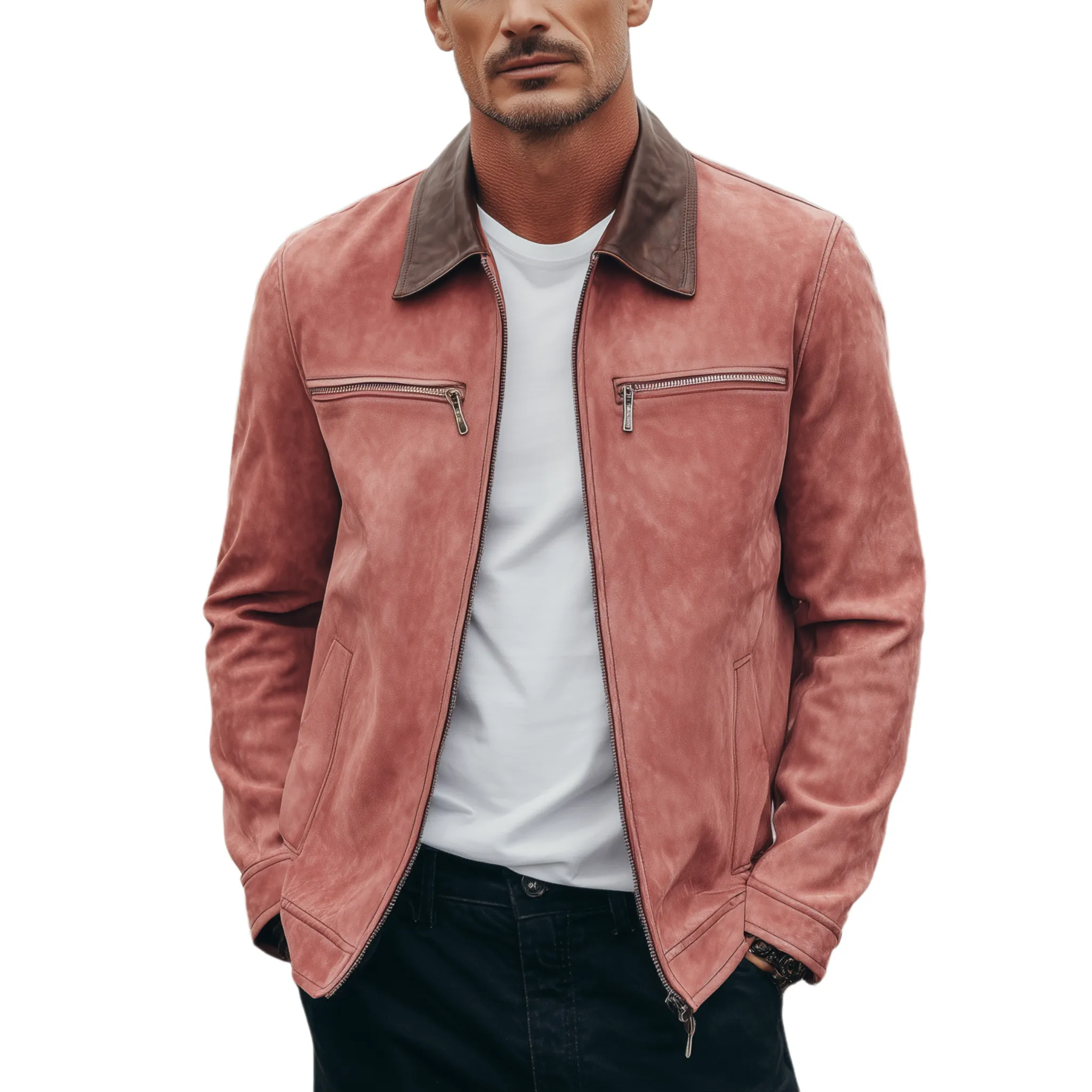 Men's Classic American Casual PU Leather Lapel Pink Suede Zipper Jacket MTA1870H9K sold by Manly