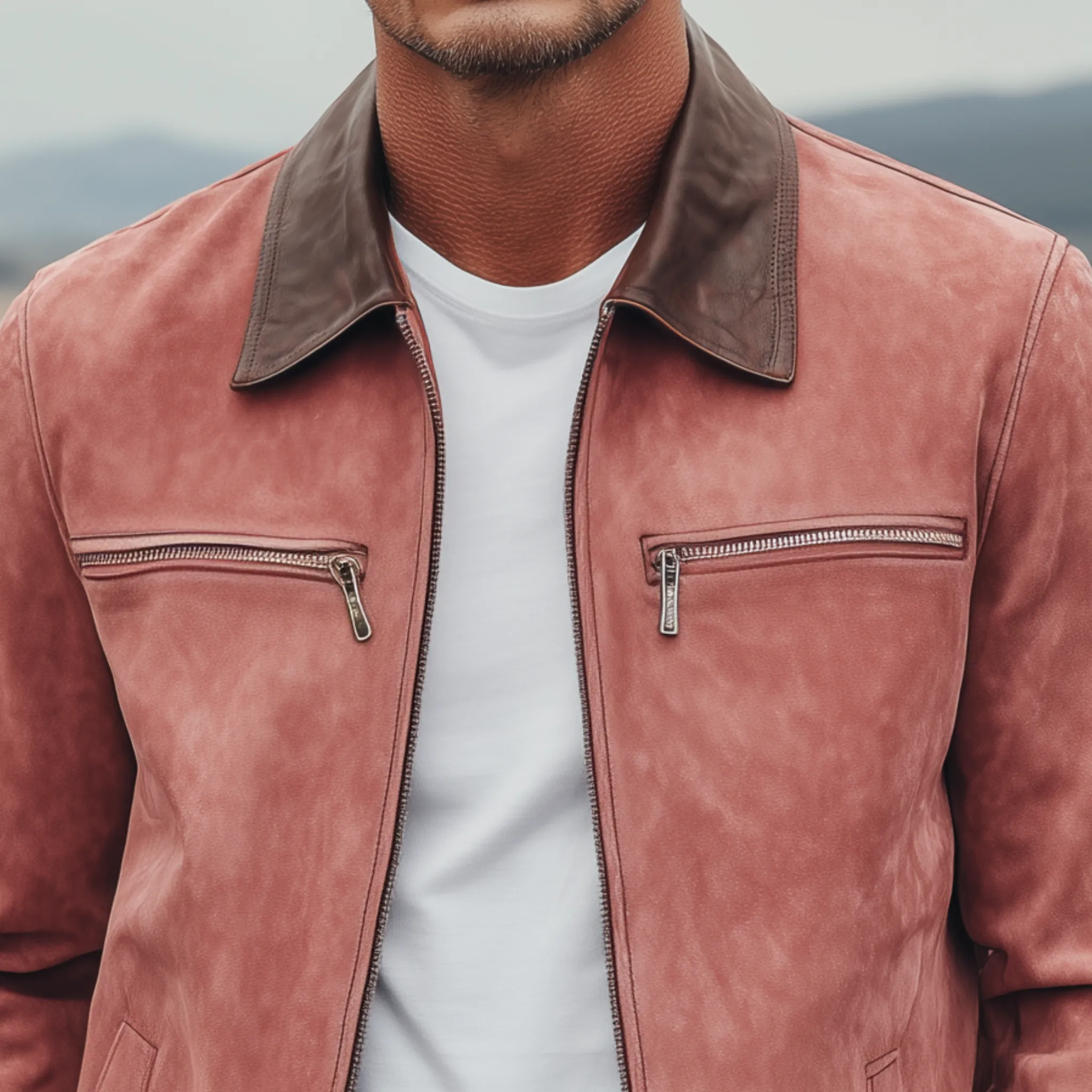 Men's Classic American Casual PU Leather Lapel Pink Suede Zipper Jacket MTA1870H9K sold by Manly product image thumbnail 4